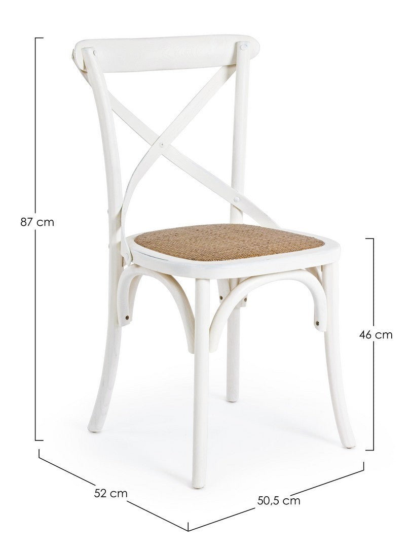 Klassischer Restaurant Stuhl Cross von Bizzotto in verschiedenen Farben mit Ulmenholzrahmen und gepolsterter Rattansitzfläche.