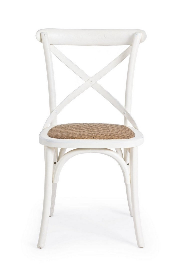 Klassischer Restaurant Stuhl Cross von Bizzotto in verschiedenen Farben mit Ulmenholzrahmen und gepolsterter Rattansitzfläche.