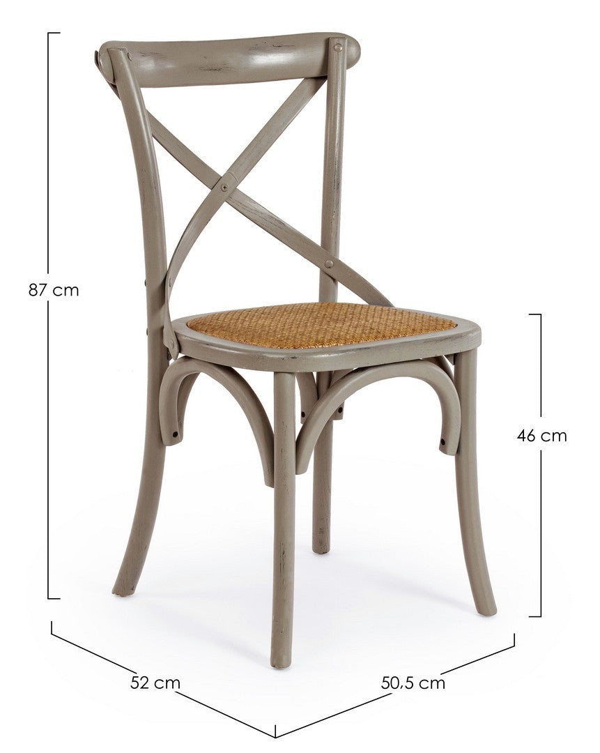 Klassischer Restaurant Stuhl Cross von Bizzotto in verschiedenen Farben mit Ulmenholzrahmen und gepolsterter Rattansitzfläche.