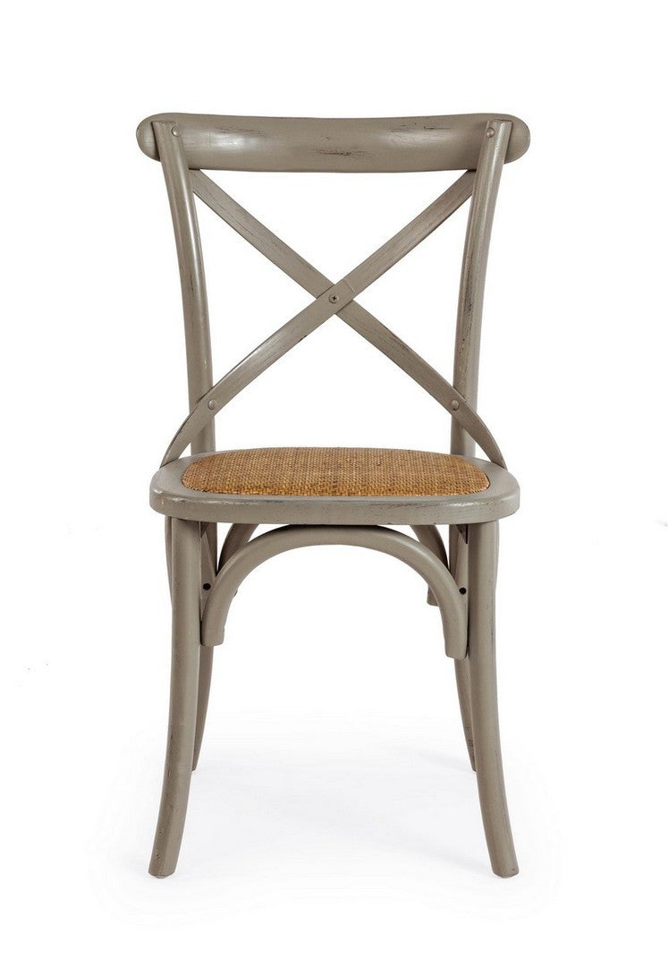 Klassischer Restaurant Stuhl Cross von Bizzotto in verschiedenen Farben mit Ulmenholzrahmen und gepolsterter Rattansitzfläche.