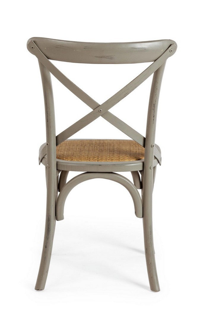 Klassischer Restaurant Stuhl Cross von Bizzotto in verschiedenen Farben mit Ulmenholzrahmen und gepolsterter Rattansitzfläche.