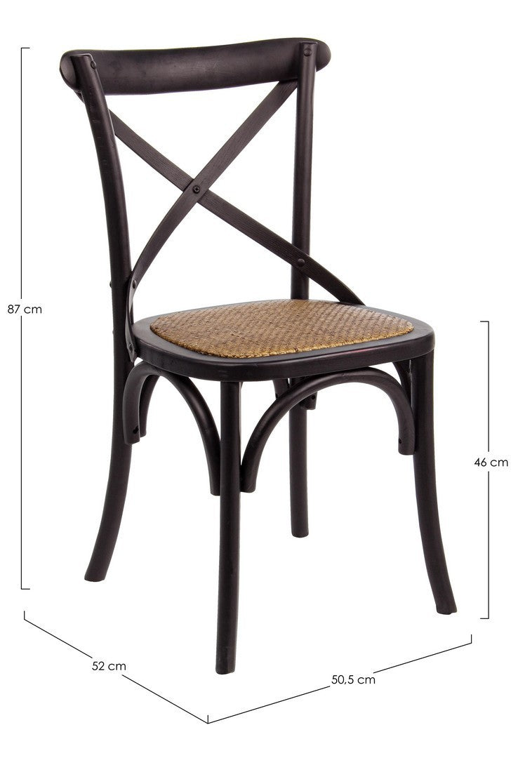 Klassischer Restaurant Stuhl Cross von Bizzotto in verschiedenen Farben mit Ulmenholzrahmen und gepolsterter Rattansitzfläche.