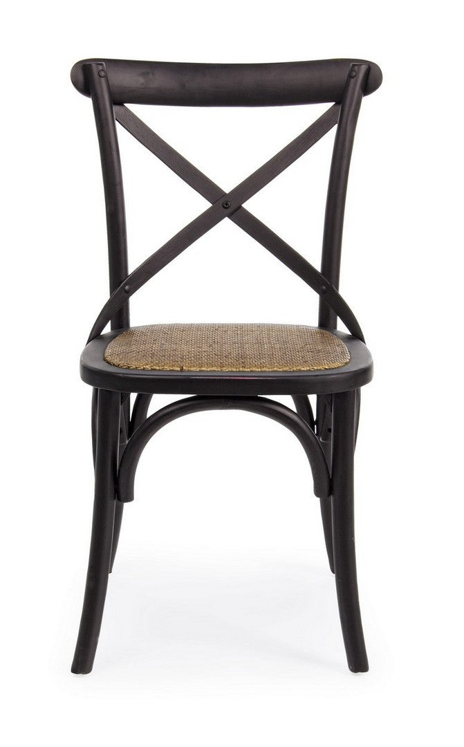 Klassischer Restaurant Stuhl Cross von Bizzotto in verschiedenen Farben mit Ulmenholzrahmen und gepolsterter Rattansitzfläche.