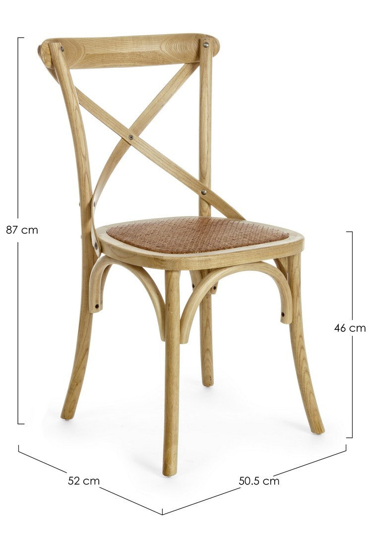 Klassischer Restaurant Stuhl Cross von Bizzotto in verschiedenen Farben mit Ulmenholzrahmen und gepolsterter Rattansitzfläche.