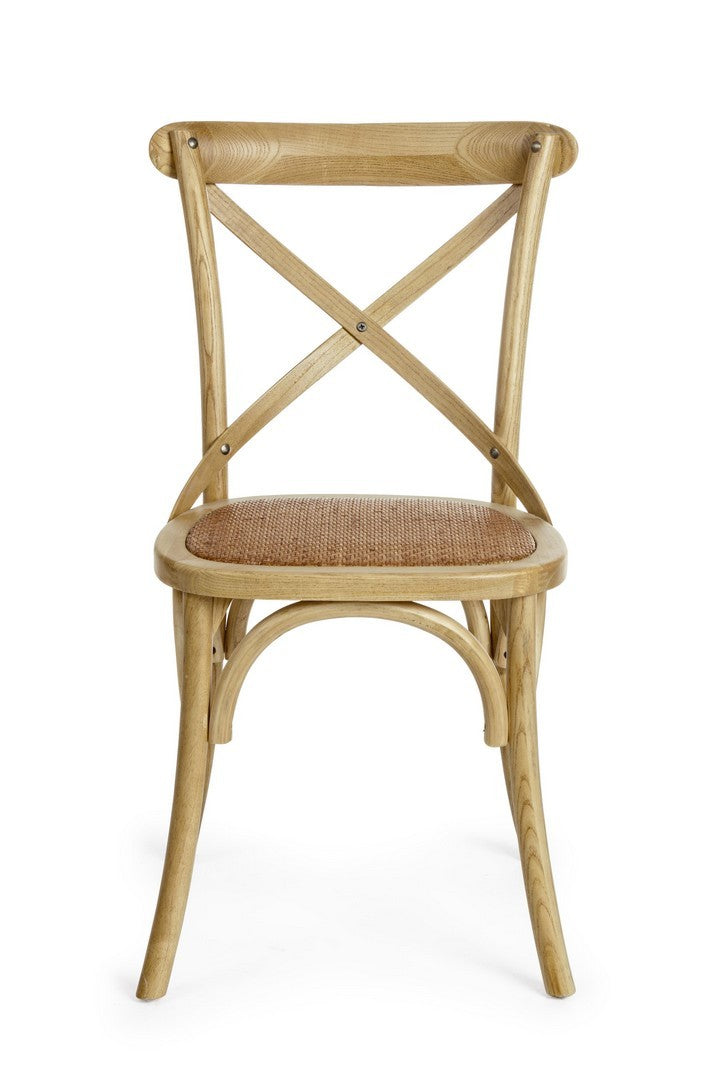 Klassischer Restaurant Stuhl Cross von Bizzotto in verschiedenen Farben mit Ulmenholzrahmen und gepolsterter Rattansitzfläche.