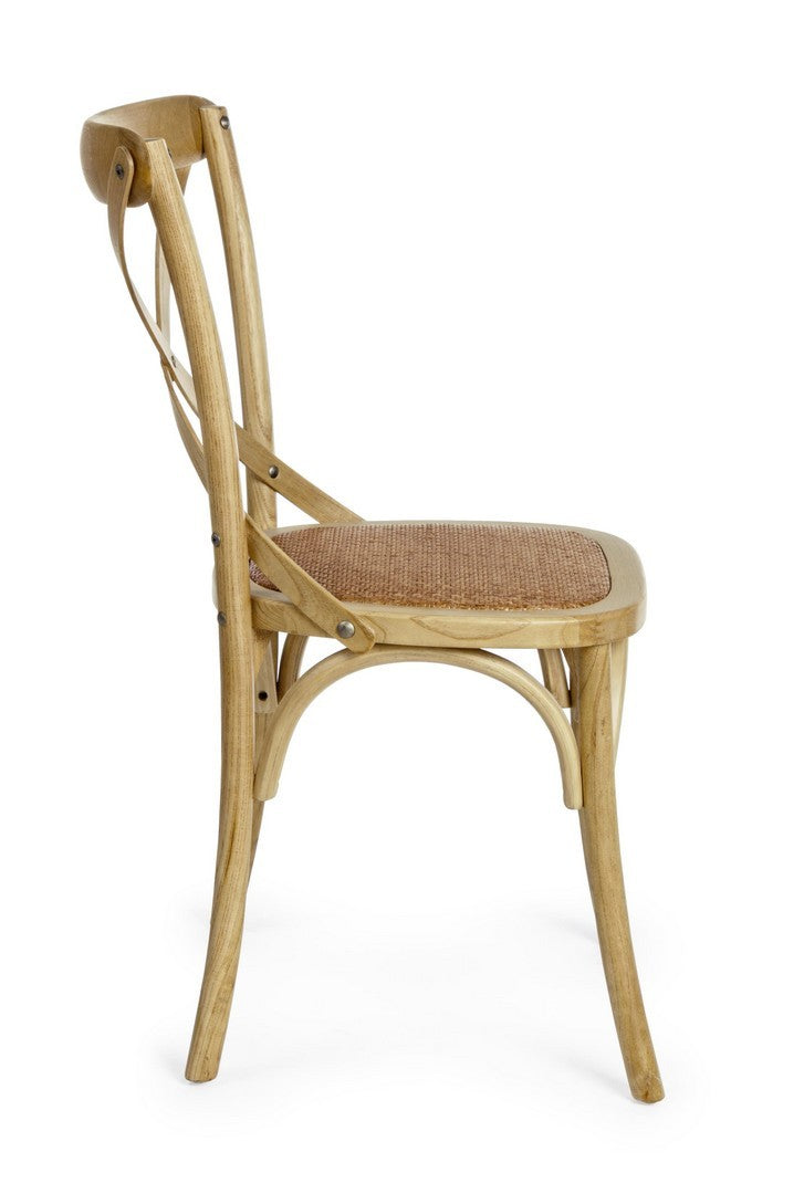 Klassischer Restaurant Stuhl Cross von Bizzotto in verschiedenen Farben mit Ulmenholzrahmen und gepolsterter Rattansitzfläche.