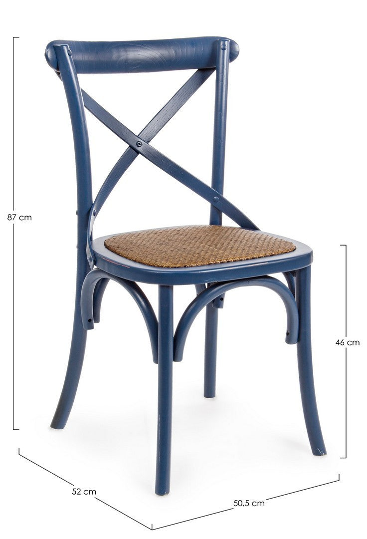 Klassischer Restaurant Stuhl Cross von Bizzotto in verschiedenen Farben mit Ulmenholzrahmen und gepolsterter Rattansitzfläche.