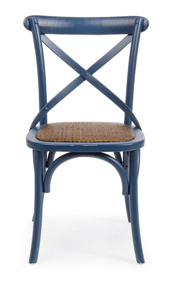 Klassischer Restaurant Stuhl Cross von Bizzotto in verschiedenen Farben mit Ulmenholzrahmen und gepolsterter Rattansitzfläche.