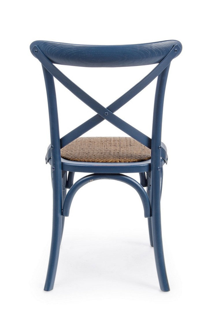 Klassischer Restaurant Stuhl Cross von Bizzotto in verschiedenen Farben mit Ulmenholzrahmen und gepolsterter Rattansitzfläche.