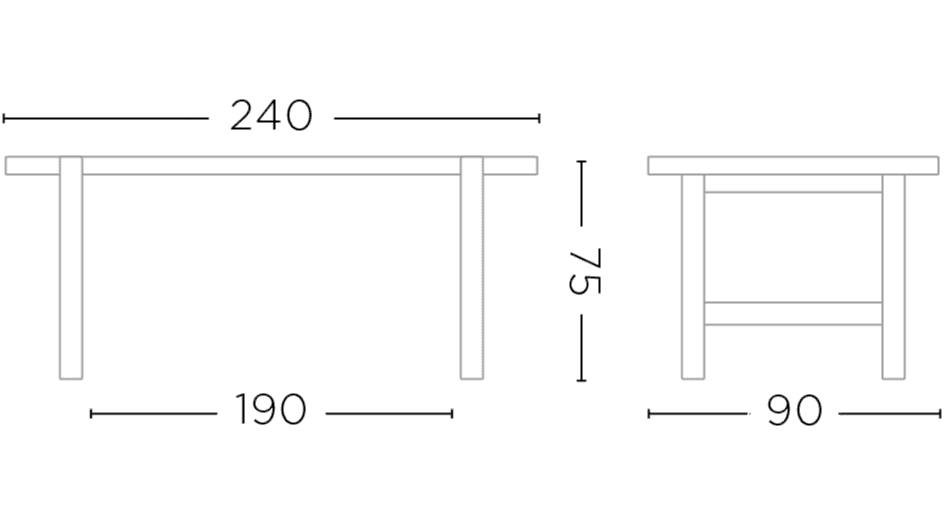 Maßzeichnung Gommaire Esstisch Jacob Teak Indoor Small 240 × 90 × 75 cm