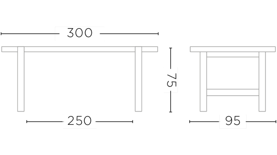Maßzeichnung Gommaire Esstisch Jacob Teak Indoor Large 300 × 95 × 75 cm