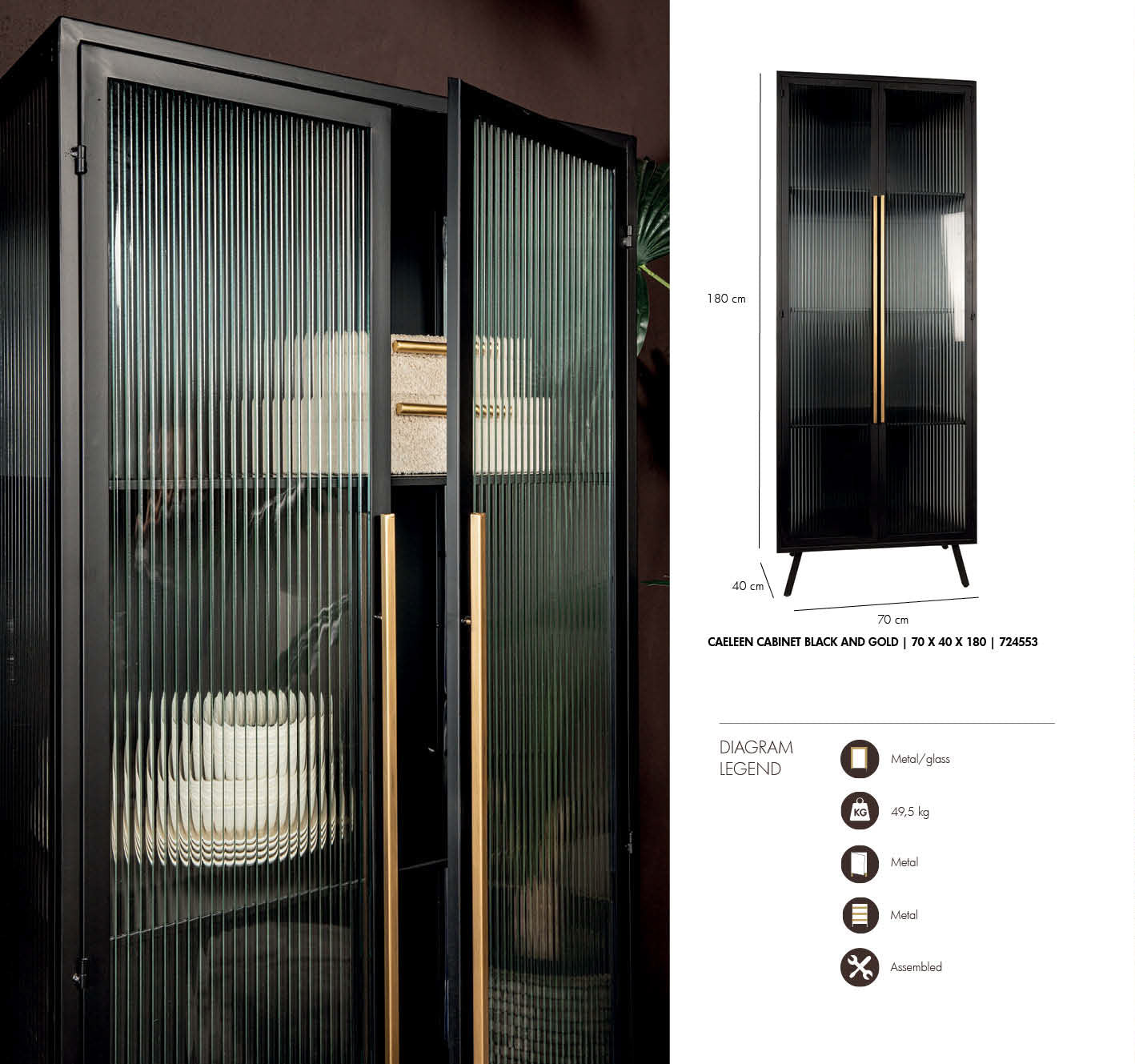 Vitrinenschrank Caeleen Black Gold mit rauchigen Glastüren und goldenem Griff