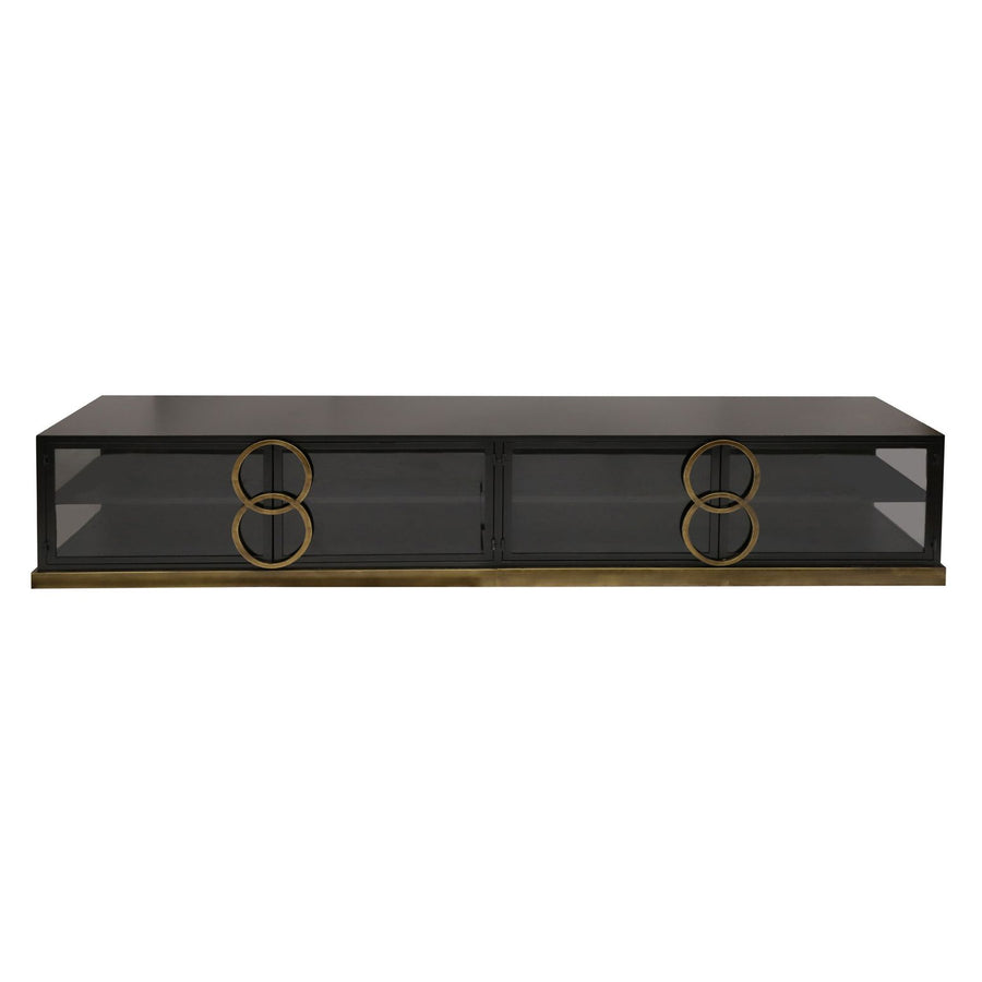 Sideboard Riho Black Gold Metal mit Rauchglastüren, 220 cm breit, modernes Design