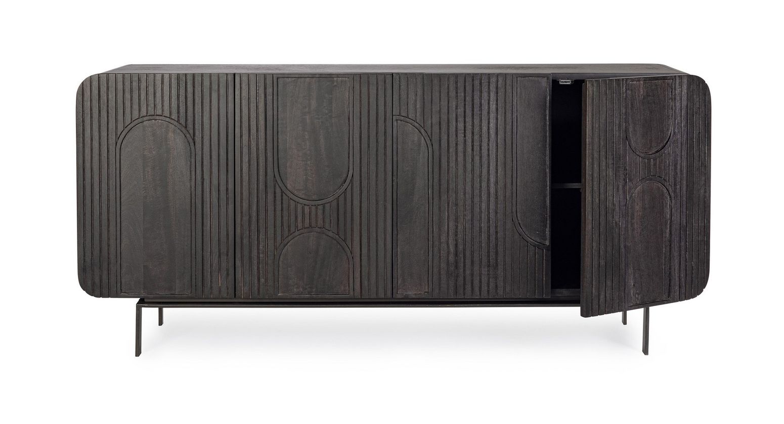 Sideboard Orissa 4-Türig Schwarz aus Mangoholz mit Stahlbeinen und griffloser Front