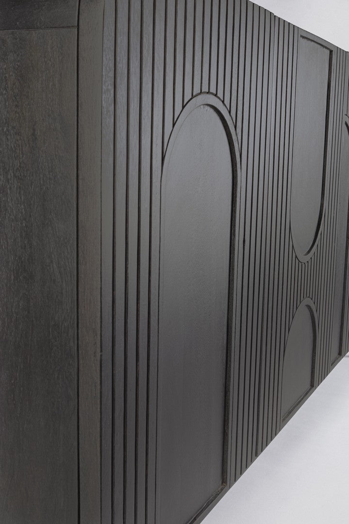 Sideboard Orissa 4-Türig Schwarz aus Mangoholz mit Stahlbeinen und griffloser Front