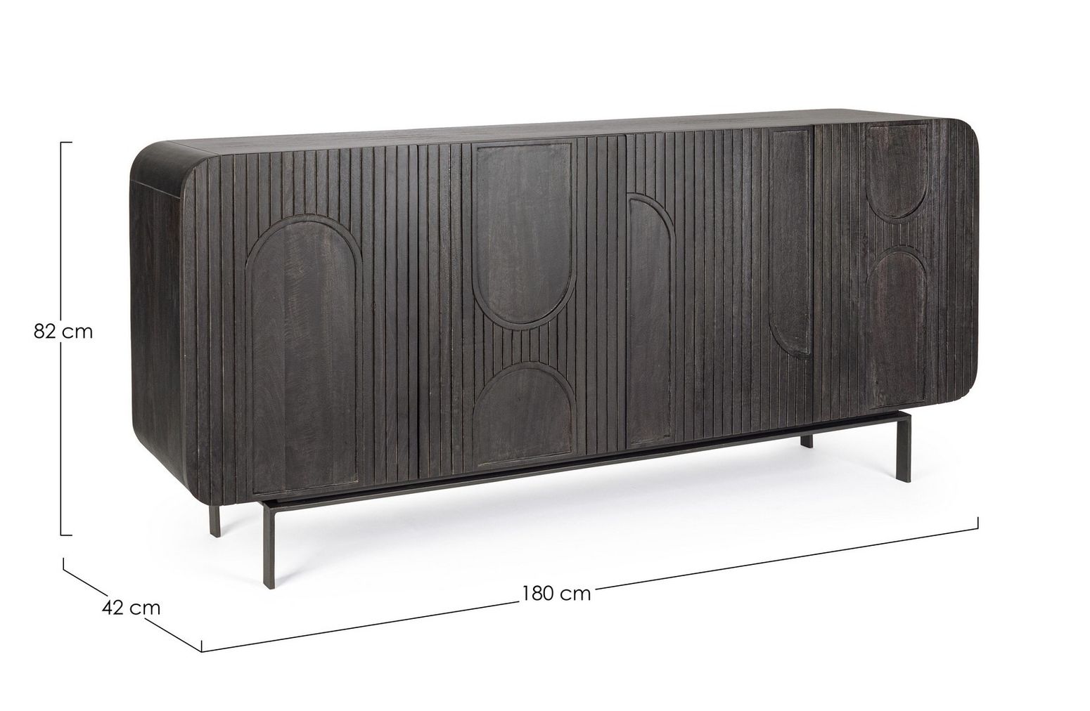 Sideboard Orissa 4-Türig Schwarz aus Mangoholz mit Stahlbeinen und griffloser Front