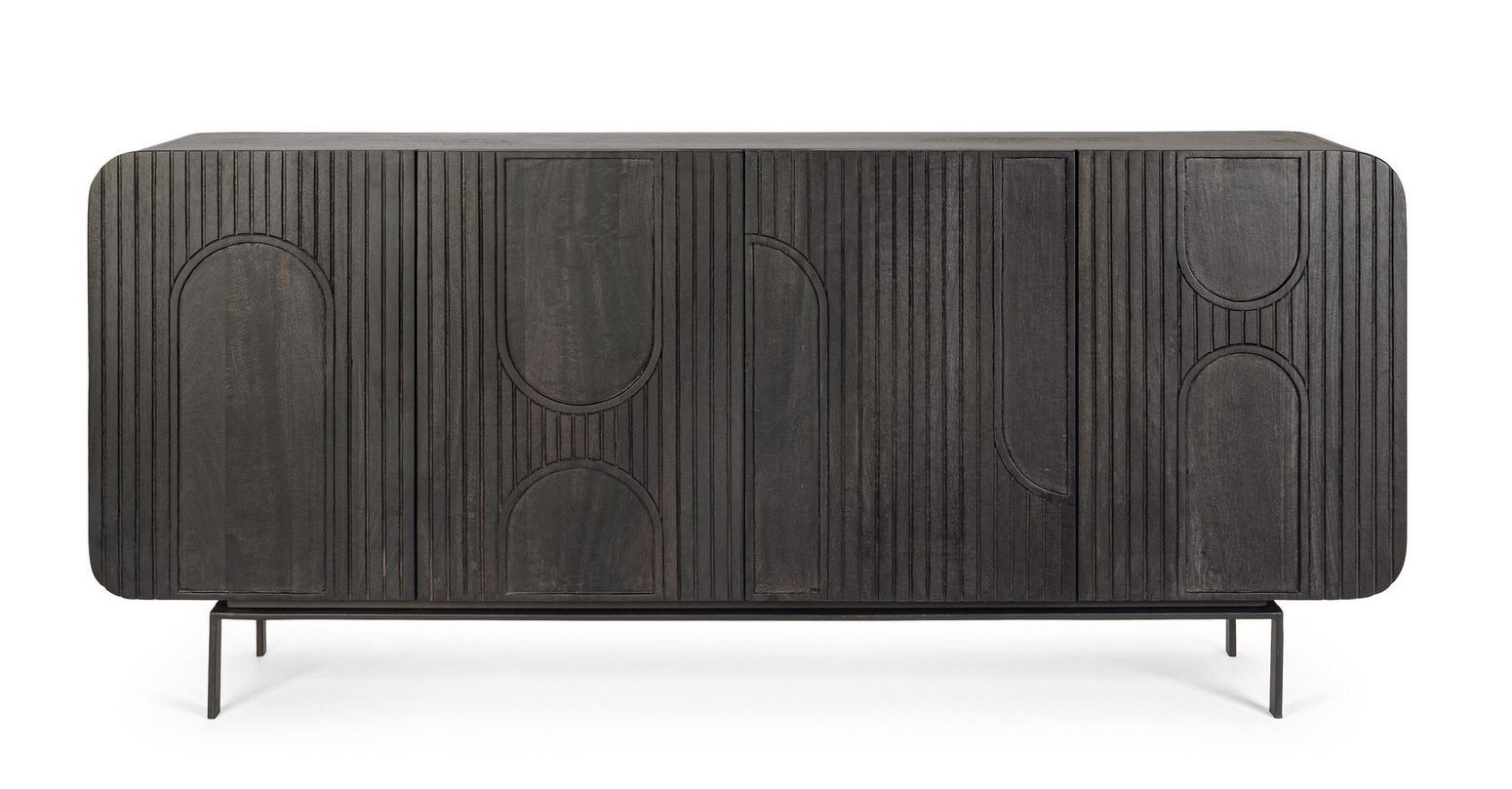 Sideboard Orissa 4-Türig Schwarz aus Mangoholz mit Stahlbeinen und griffloser Front