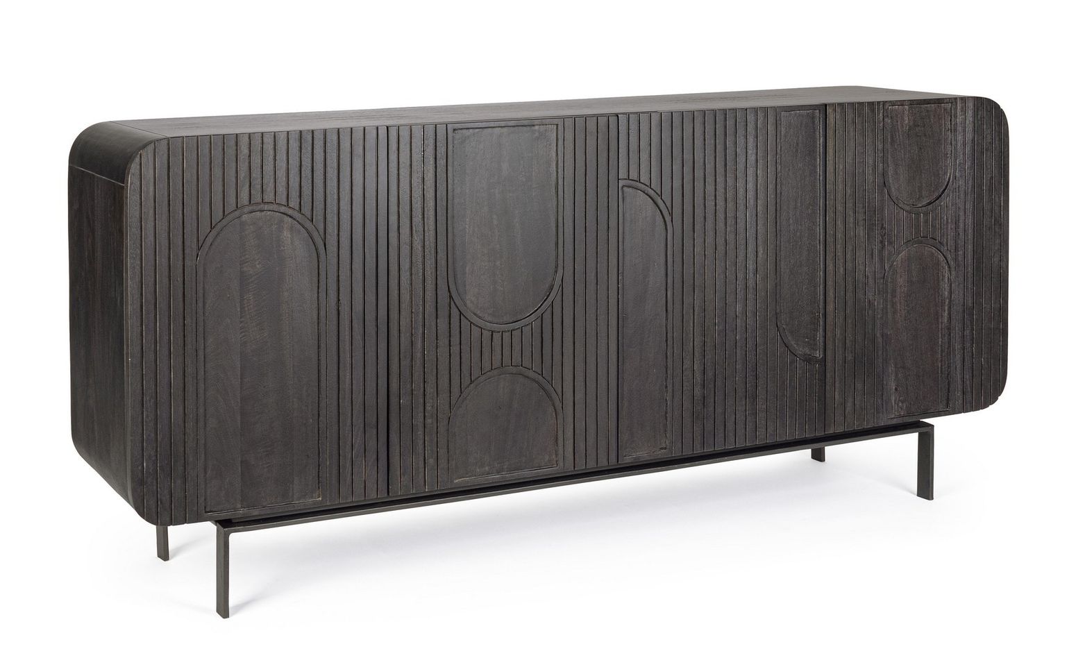 Sideboard Orissa 4-Türig Schwarz aus Mangoholz mit Stahlbeinen und griffloser Front