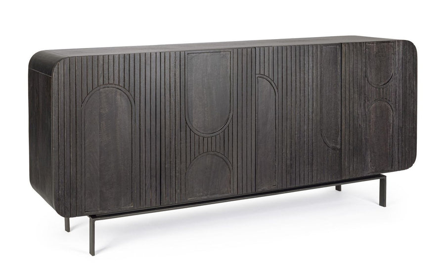 Sideboard Orissa 4-Türig Schwarz aus Mangoholz mit Stahlbeinen und griffloser Front