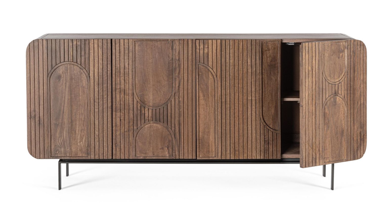 Sideboard Orissa 4-Türig Braun aus Mangoholz mit gerillten Oberflächen
