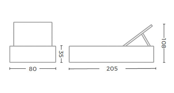 Technische Zeichnung der Sonnenliege Jones mit Draufsicht und vollständigen Abmessungen.