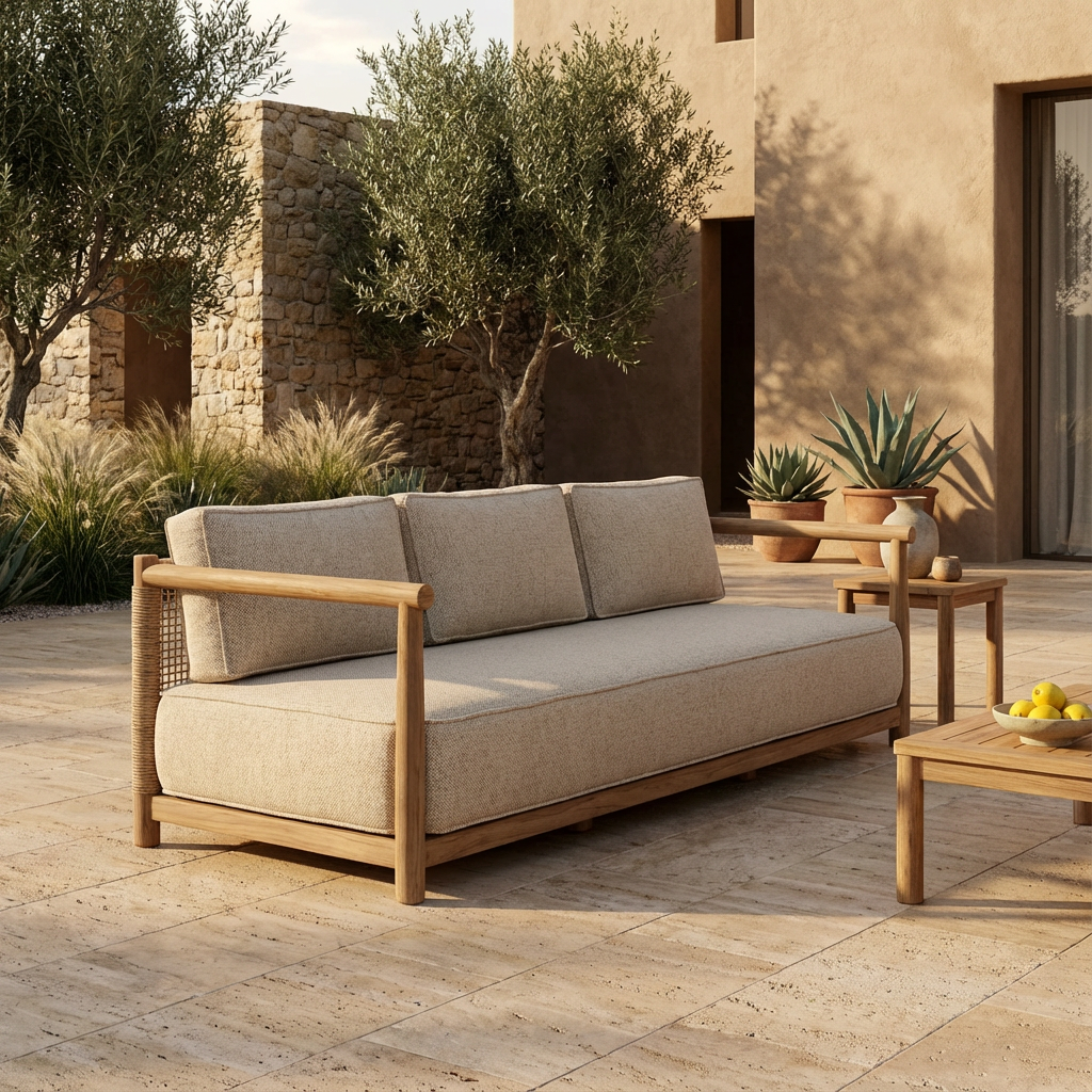 Sofa Mieke 2,5-Sitzer mit Polstern aus recyceltem Teakholz und PE Wicker Sand | bei STUFF Shop kaufen