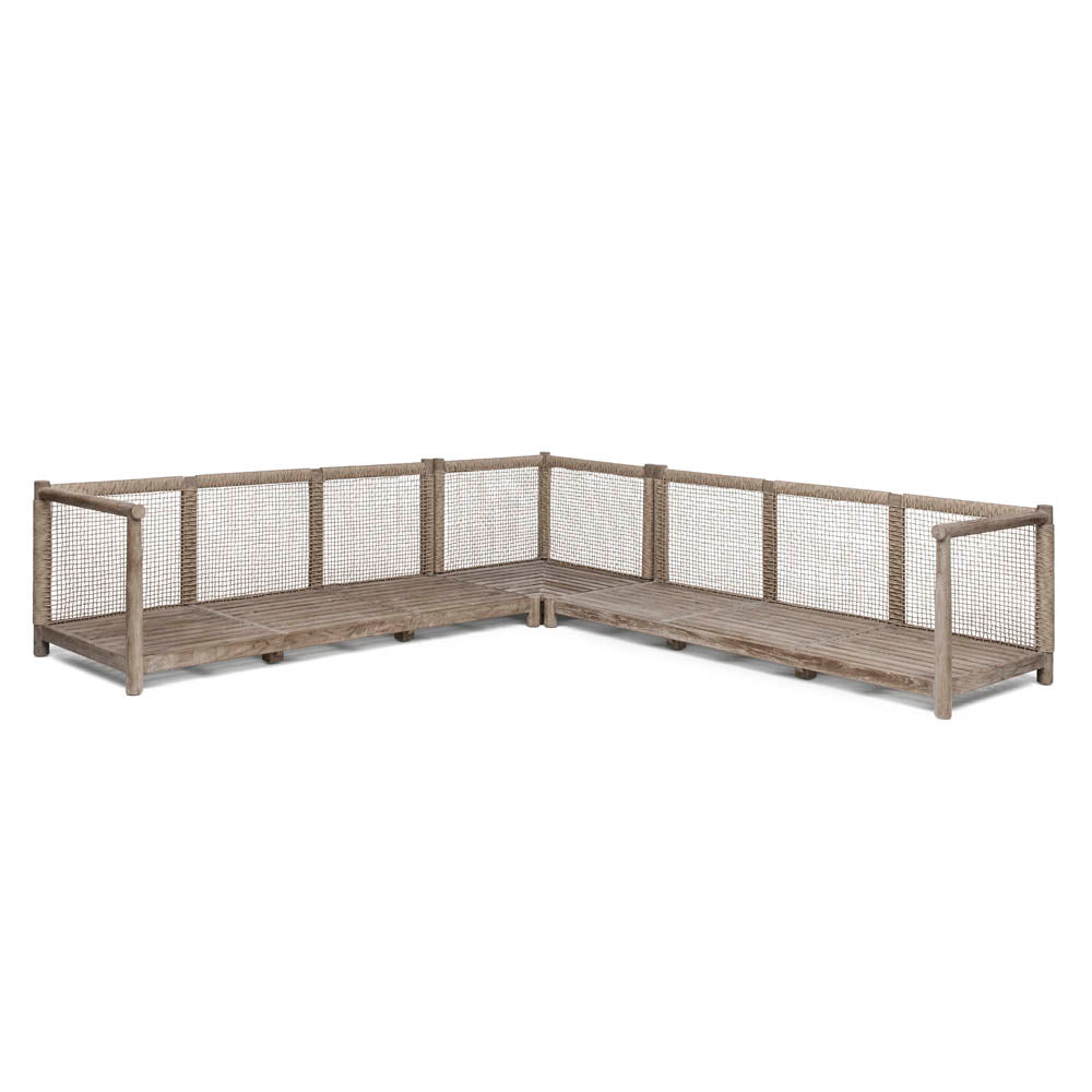 Gommaire Outdoor Ecksofa Mieke aus Teakholz Natural Grey mit PE-Wicker Sand