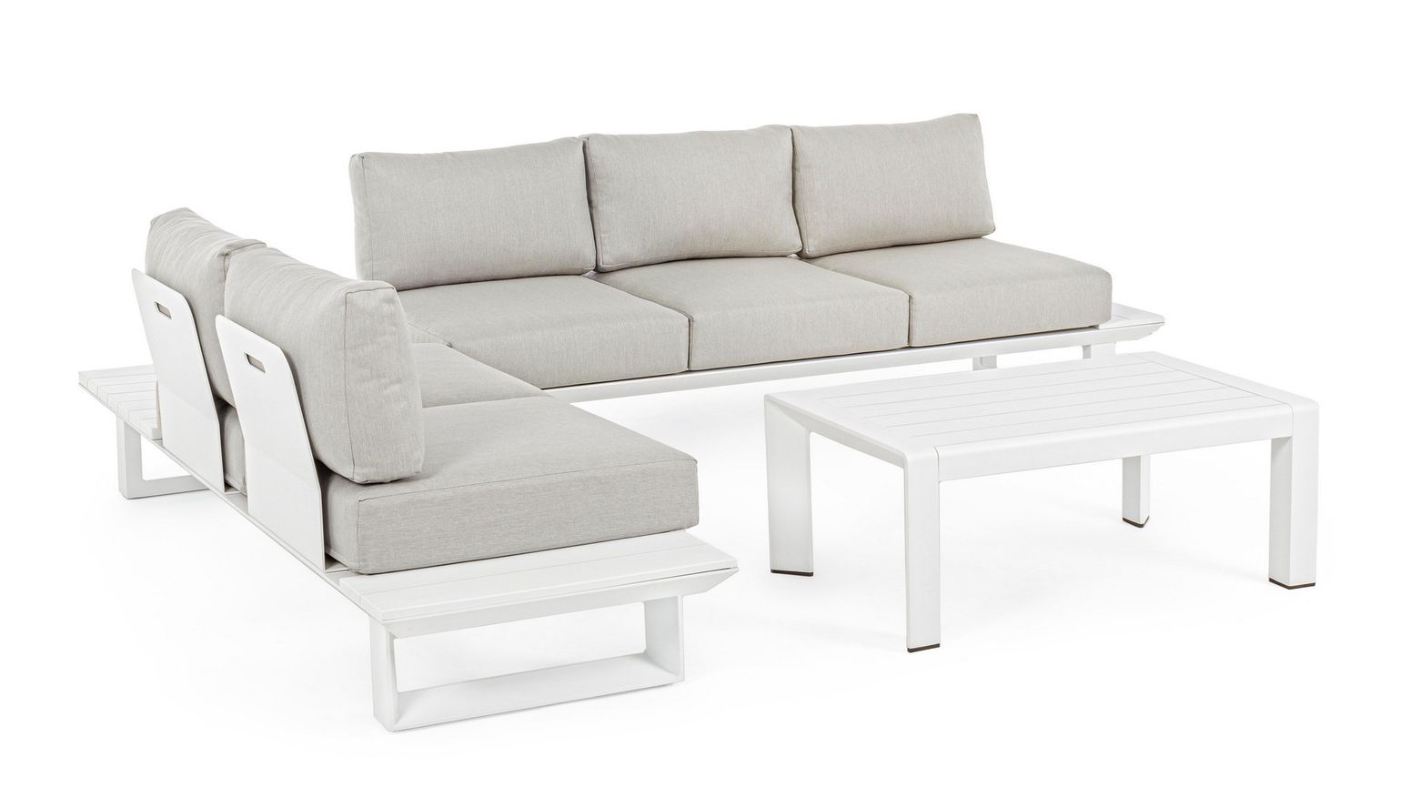 Sitzgruppe Konnor M-Kis Weiß von Bizzotto – moderne Outdoor-Lounge mit wetterfesten Kissen und weißem Aluminiumrahmen.