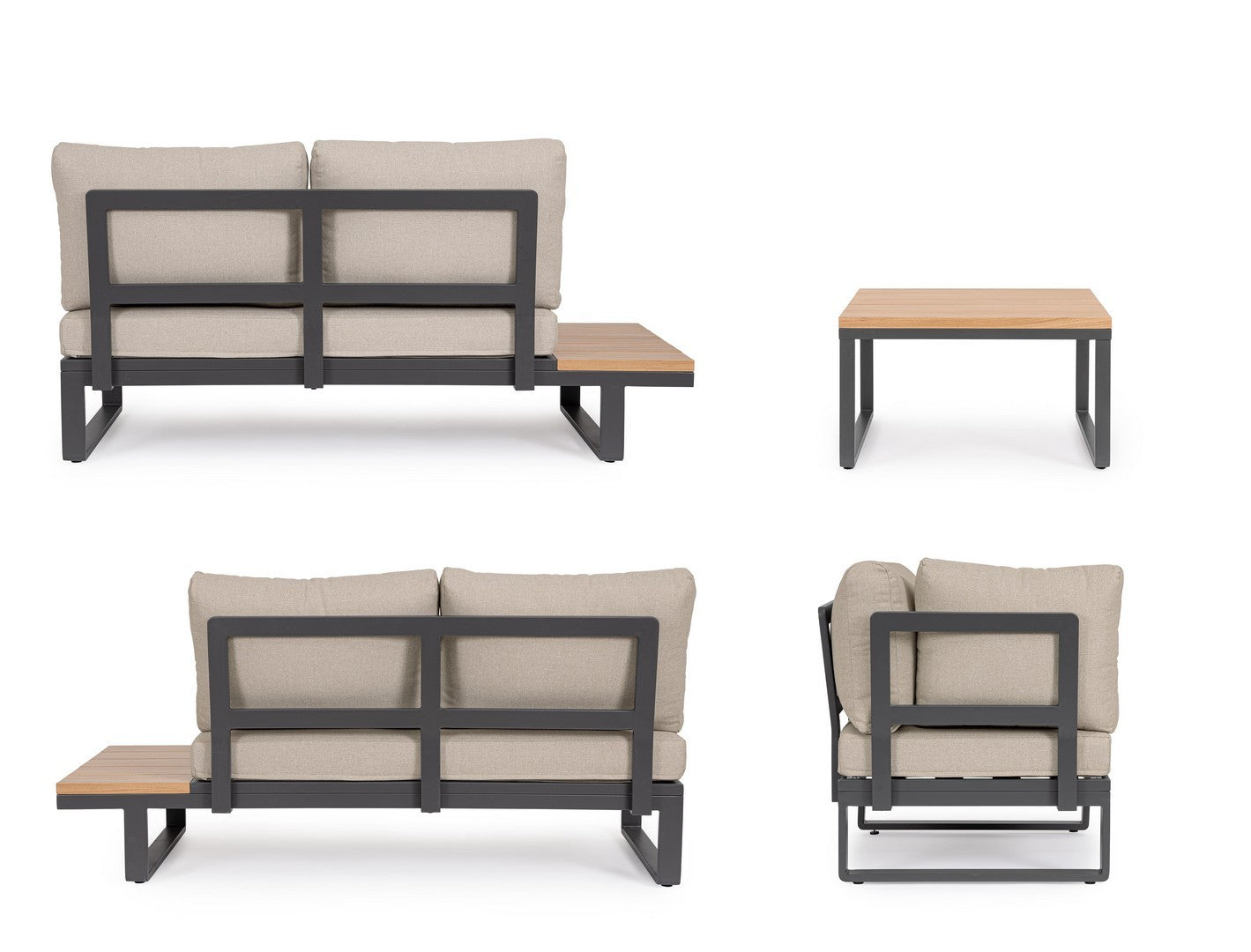 Sitzgruppe C-C Zelmar Anthrazit von Bizzotto – stilvolle Outdoor-Lounge mit Holzoptik-Elementen und wetterfesten Kissen.