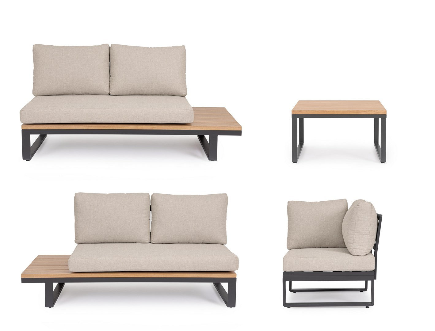 Sitzgruppe C-C Zelmar Anthrazit von Bizzotto – stilvolle Outdoor-Lounge mit Holzoptik-Elementen und wetterfesten Kissen.
