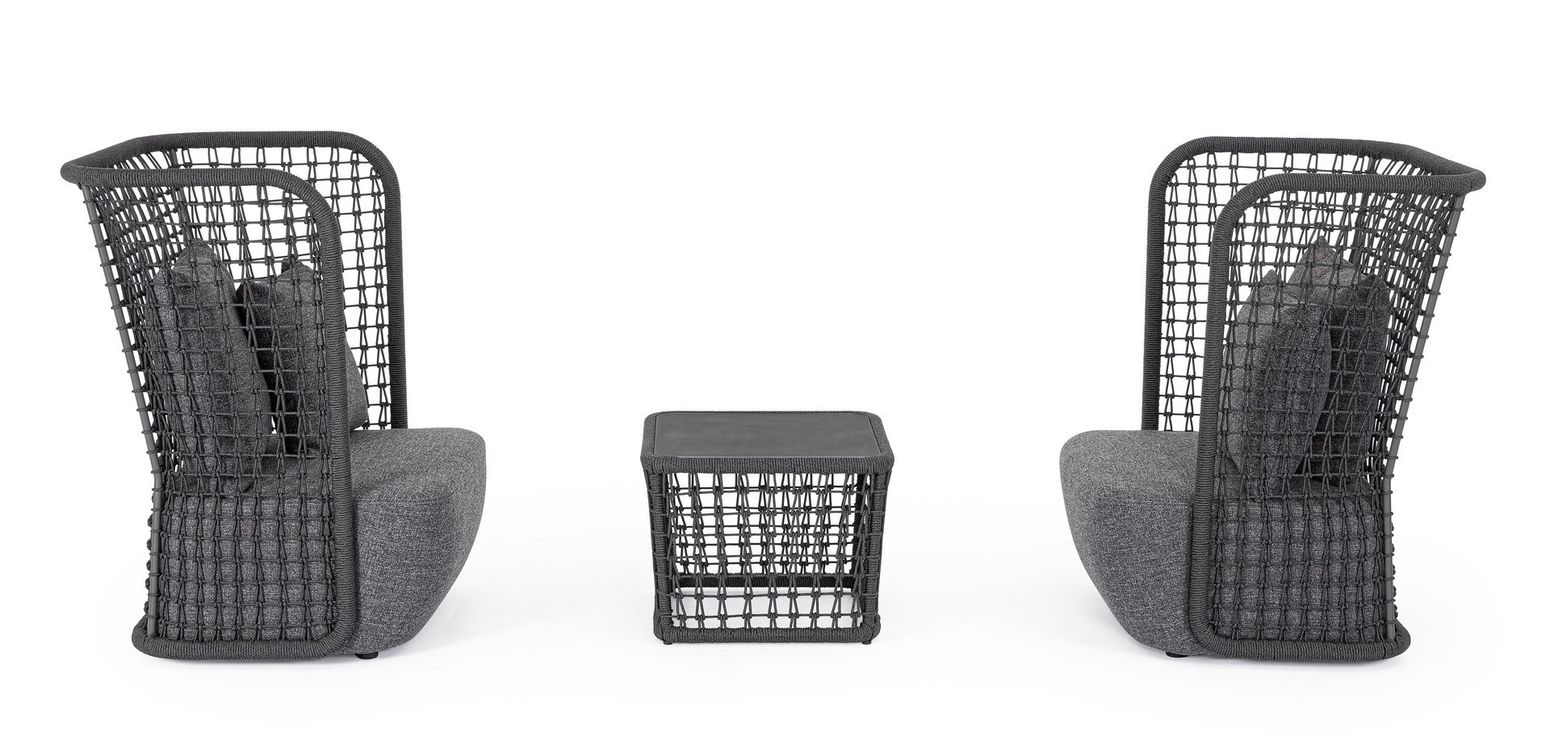 Outdoor Sessel M-K KOLLAR Anthrazit von Bizzotto mit Seilgeflecht und dunkelgrauem Polster