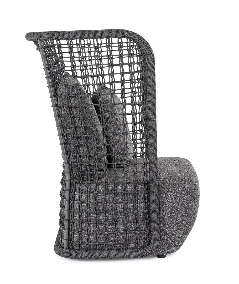 Outdoor Sessel M-K KOLLAR Anthrazit von Bizzotto mit Seilgeflecht und dunkelgrauem Polster