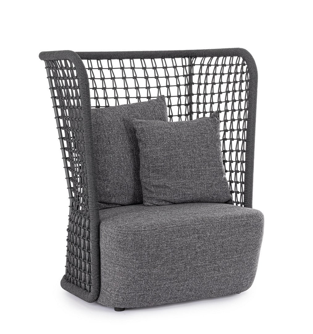 Outdoor Sessel M-K KOLLAR Anthrazit von Bizzotto mit Seilgeflecht und dunkelgrauem Polster