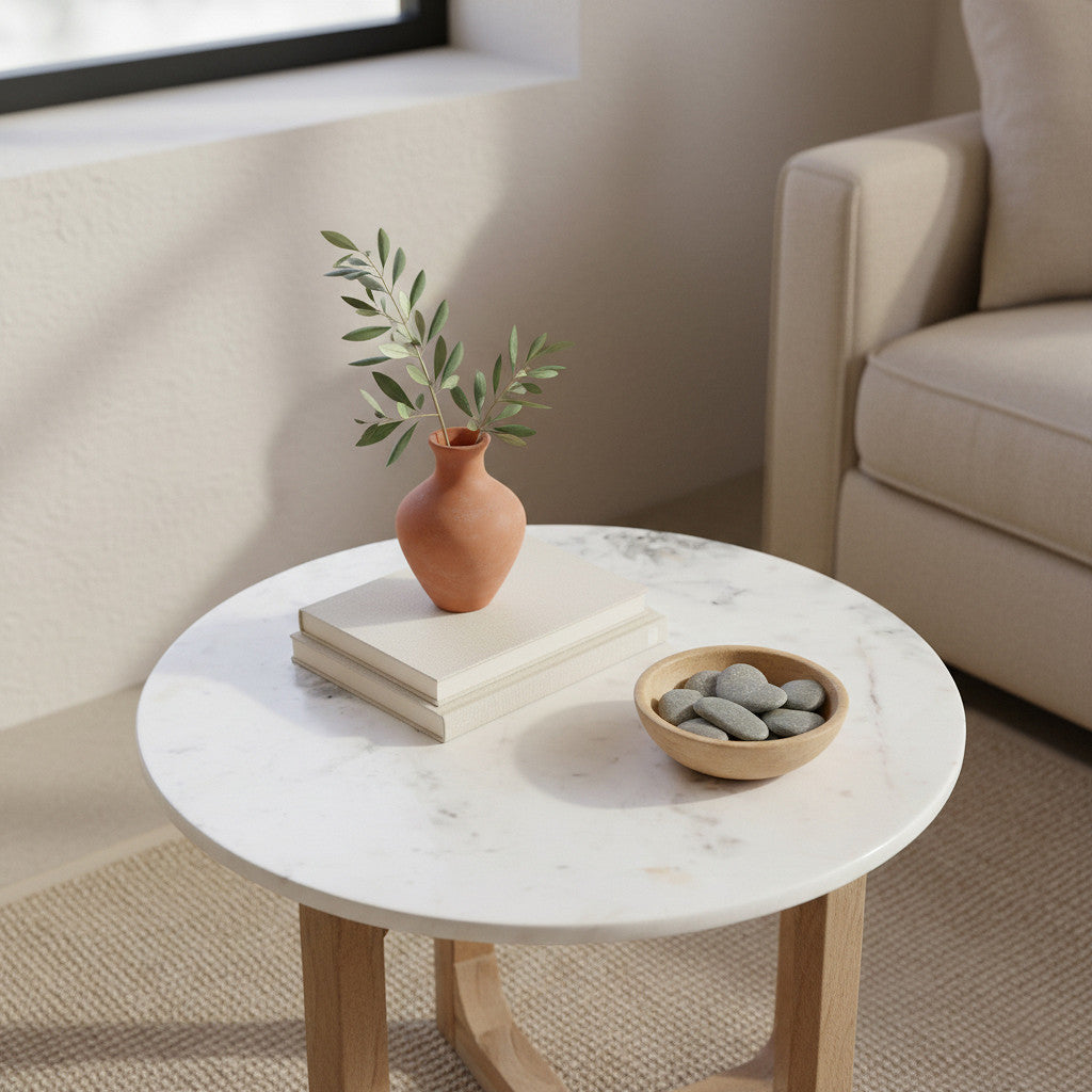 Runder Beistelltisch Heritage Marble aus weißem Marmor mit Holzgestell im Kreuzdesign – Designmöbel von STUFF Loft