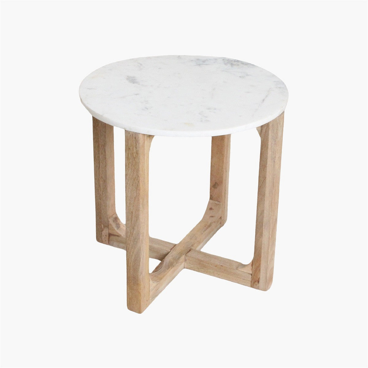 Runder Beistelltisch Heritage Marble aus weißem Marmor mit Holzgestell im Kreuzdesign – Designmöbel von STUFF Loft