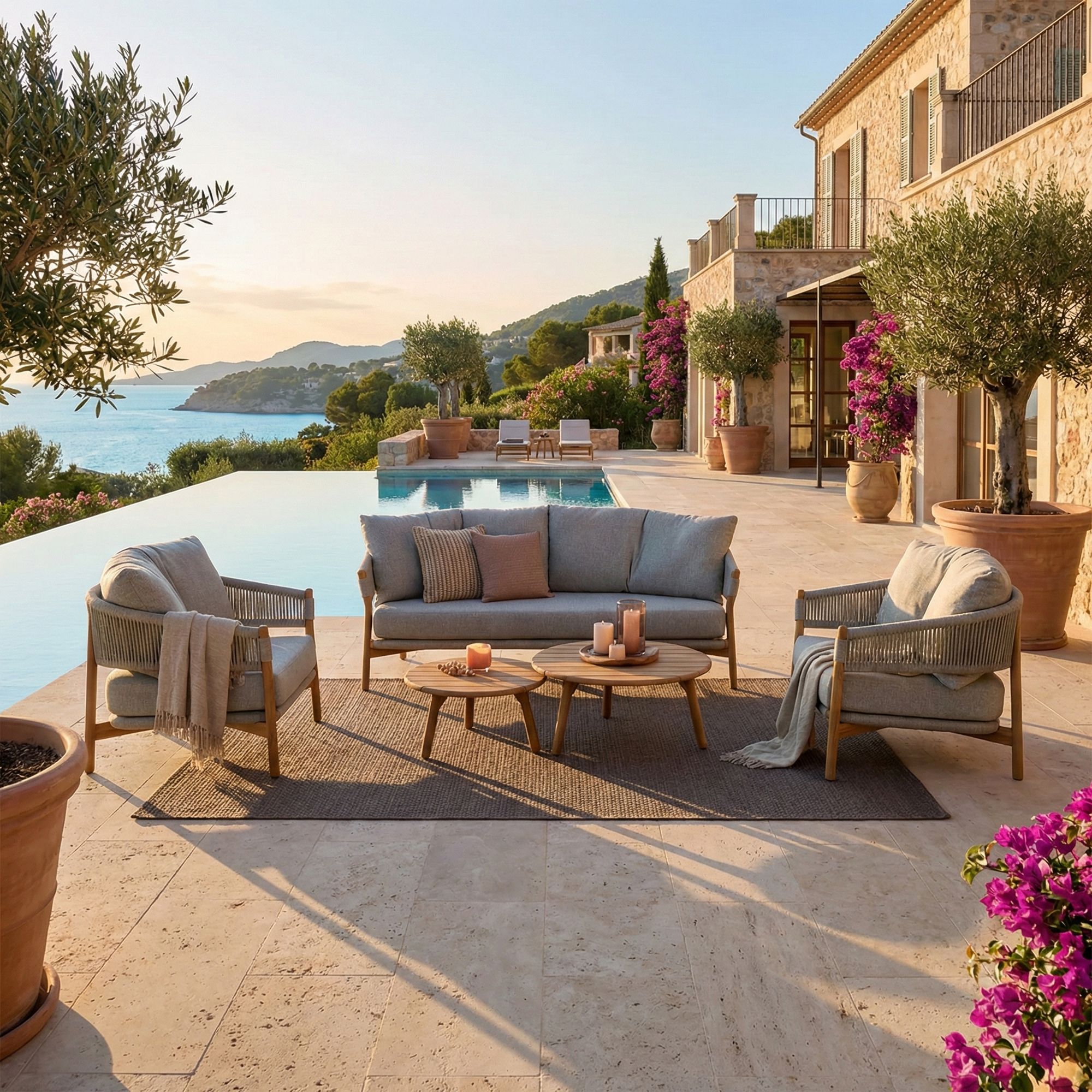 Outdoor Sofa Garita aus Teakholz und Seilgeflecht mit bequemen Kissen und Sessel Grita von Bizzotto bei STUFF Shop kaufen