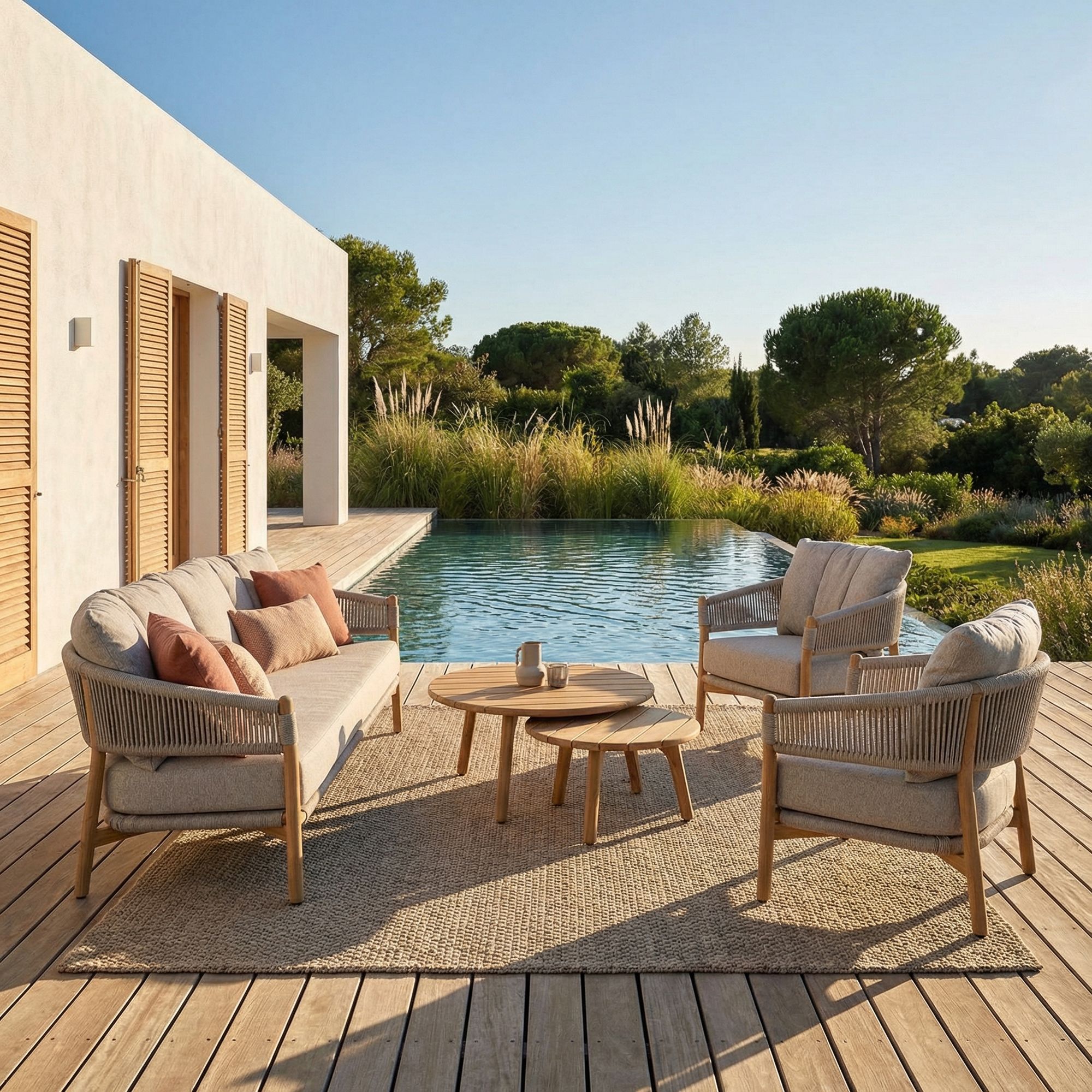 Outdoor Sofa Garita aus Teakholz und Seilgeflecht mit bequemen Kissen und Sessel Grita von Bizzotto bei STUFF Shop kaufen