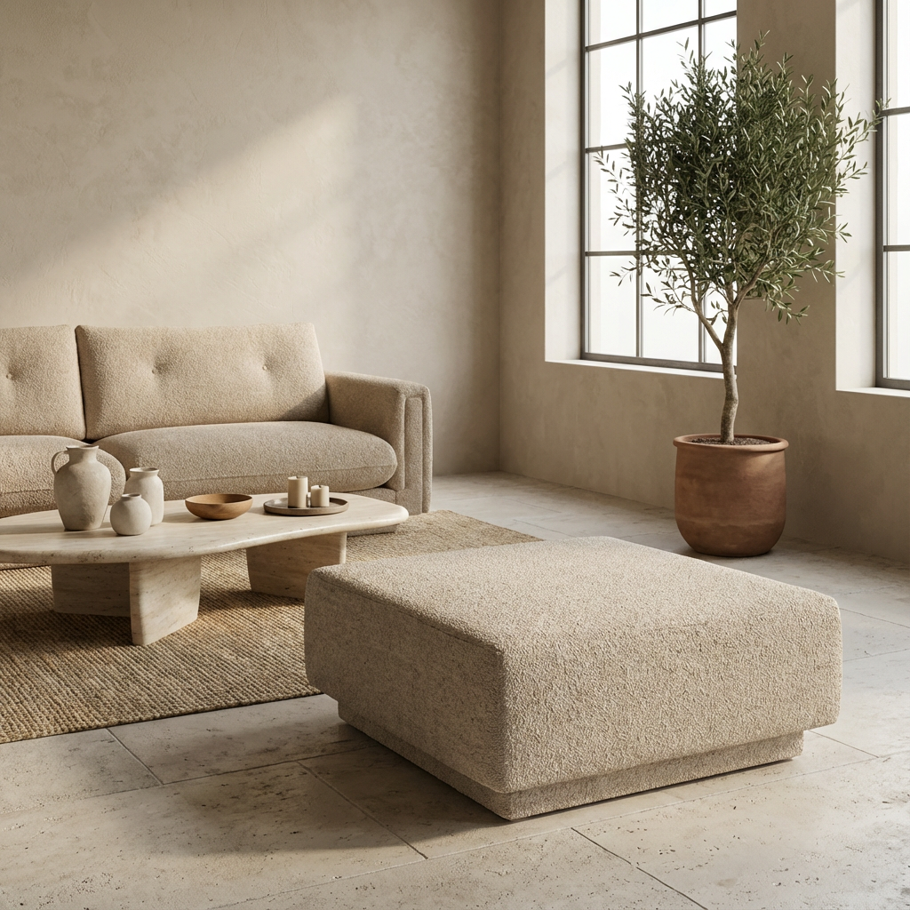 Ottoman Neil von Gommaire | quadratischer Indoor-Hocker mit exklusivem Stoffbezug, handgefertigt in Europa bei STUFF Shop kaufen