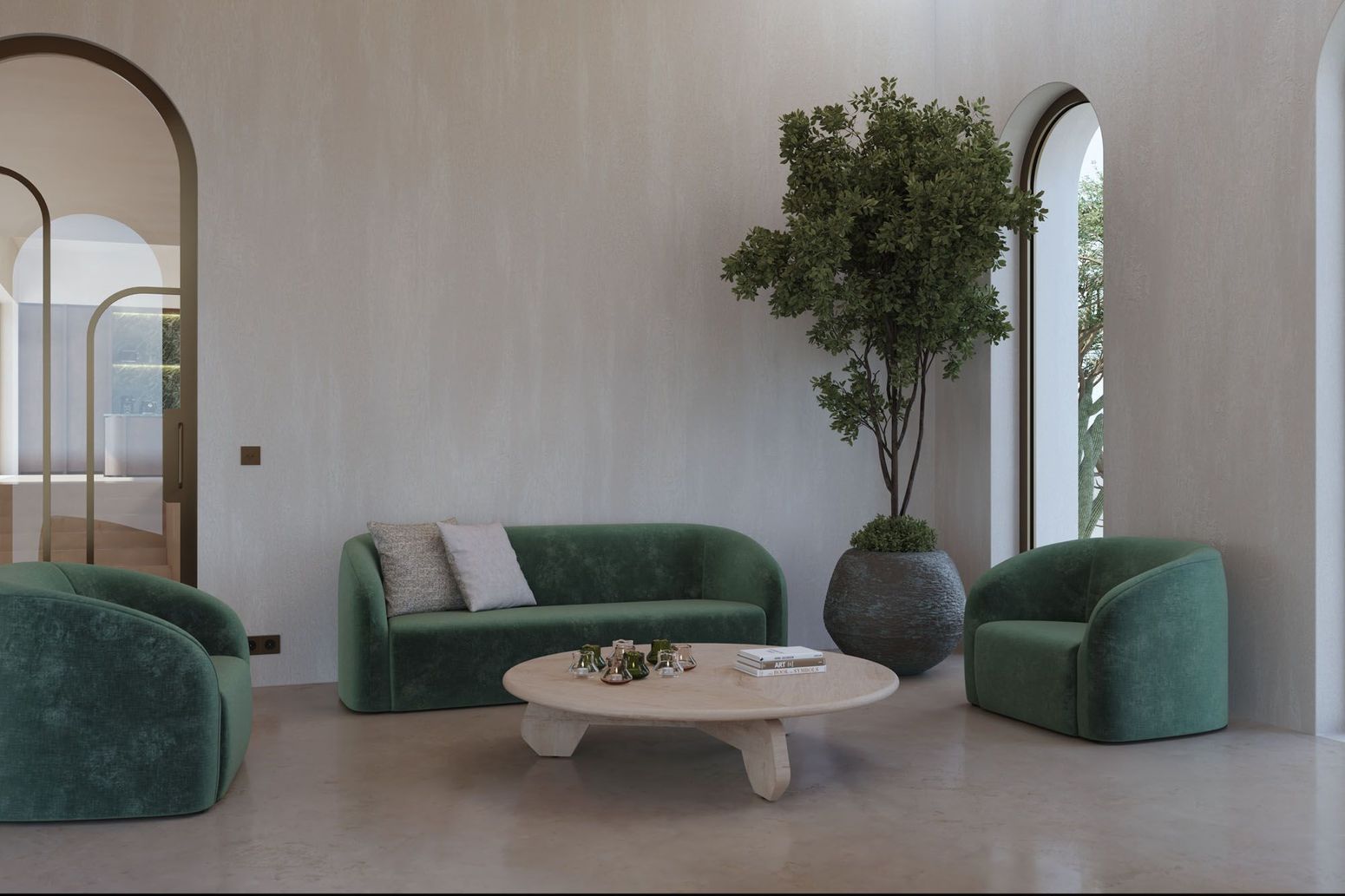 Wohnzimmer mit Sofa Damian 3-Sitzer und Sesseln in Forest aus der Gommaire Organic Living Kollektion, kombiniert mit rundem Couchtisch