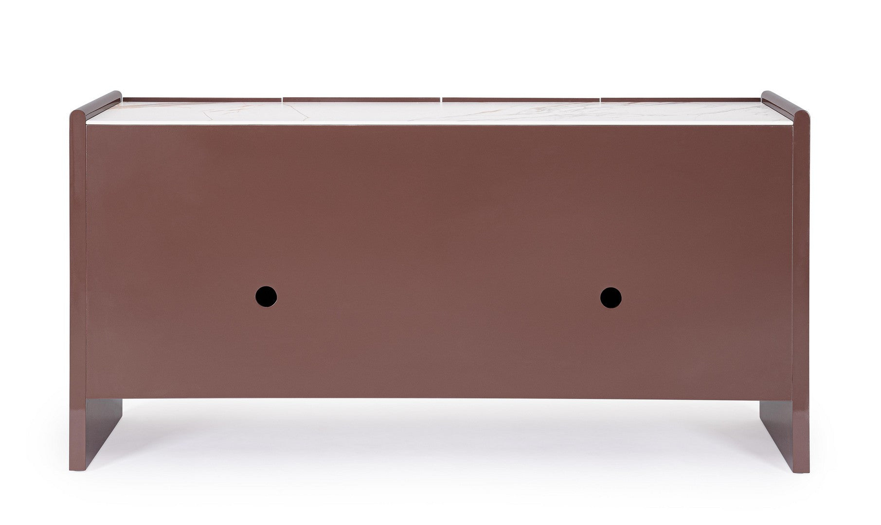 Rückansicht des Sideboards Otilia Braun mit integrierten Kabelöffnungen.