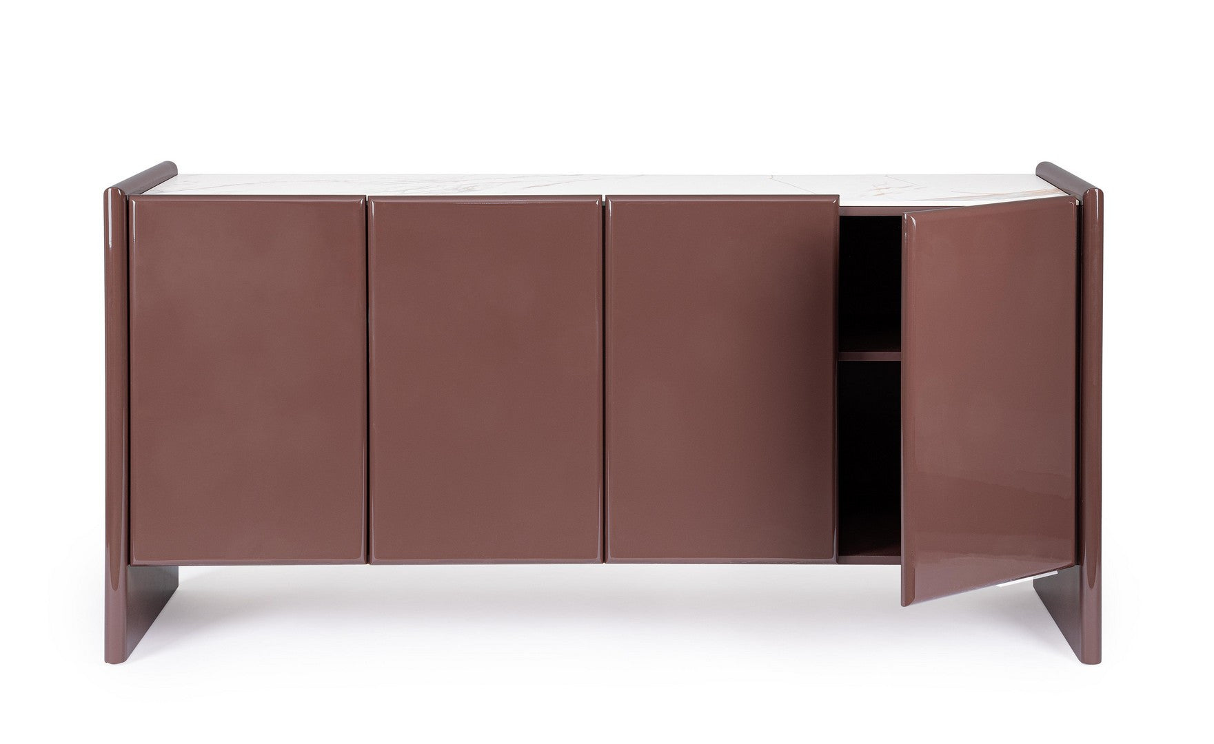 Sideboard Otilia Braun mit geöffneten Türen und sichtbarem Stauraum.