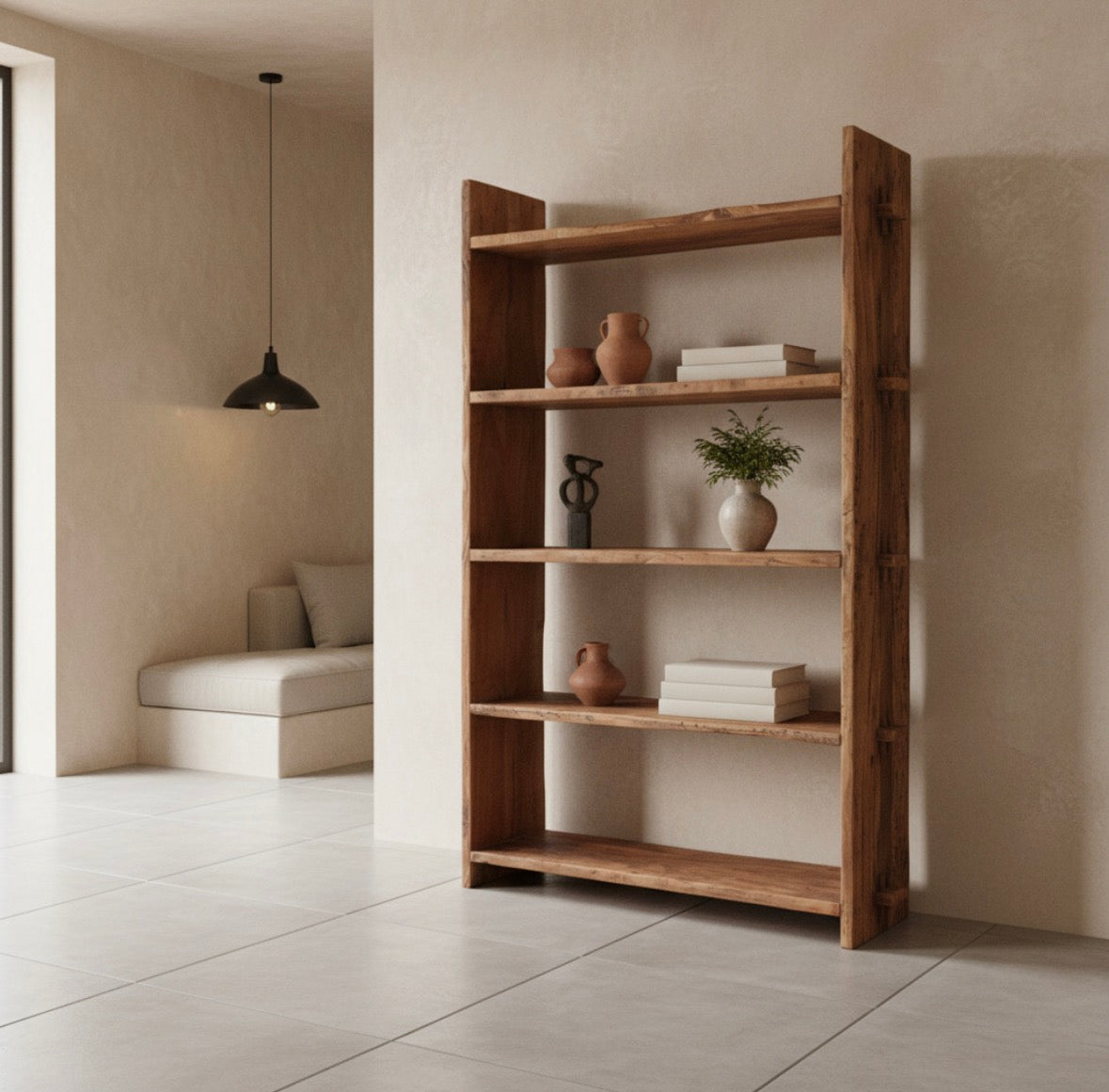 Komplette Ansicht des handgefertigten Regals aus recyceltem Altholz