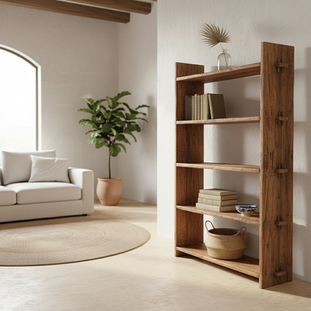 Komplette Ansicht des handgefertigten Regals aus recyceltem Altholz