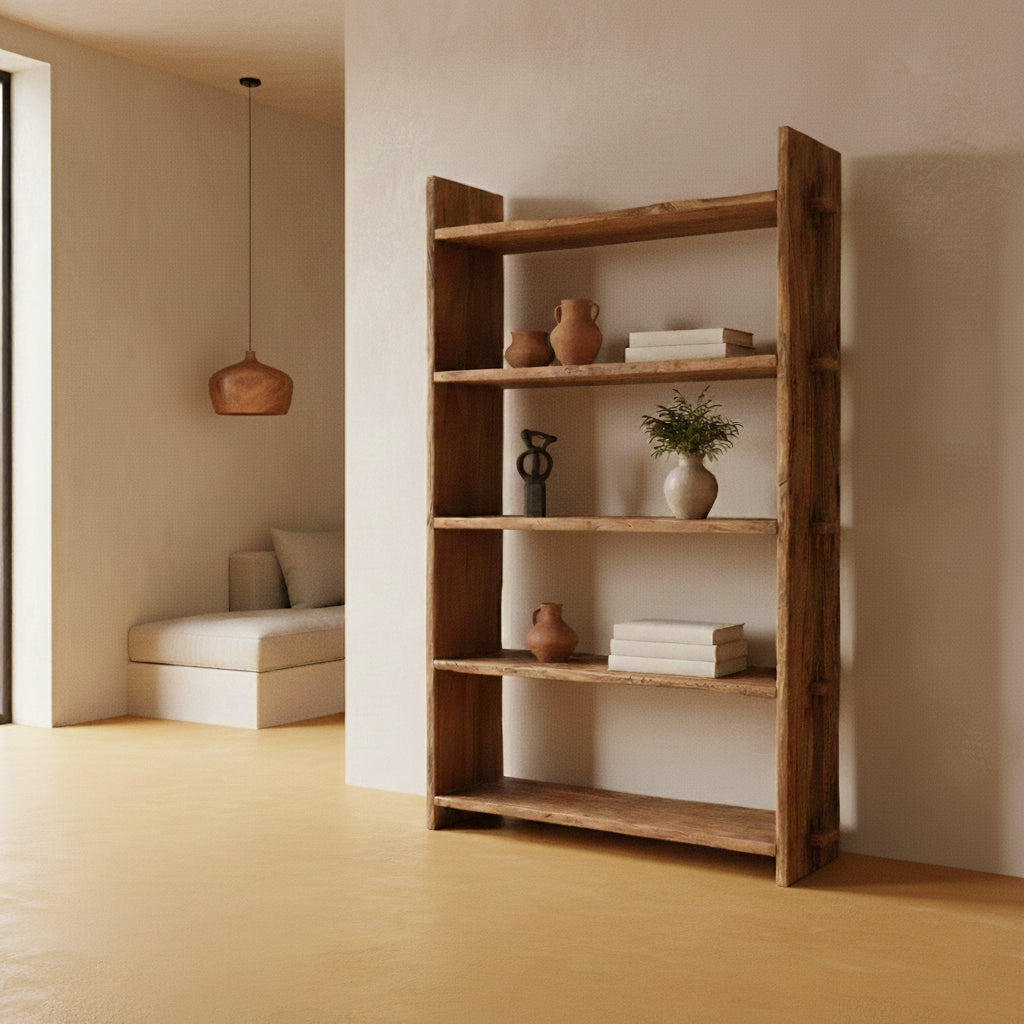 Komplette Ansicht des handgefertigten Regals aus recyceltem Altholz