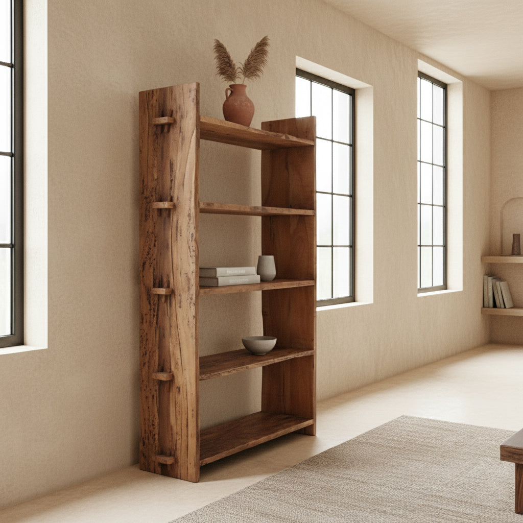 Komplette Ansicht des handgefertigten Regals aus recyceltem Altholz