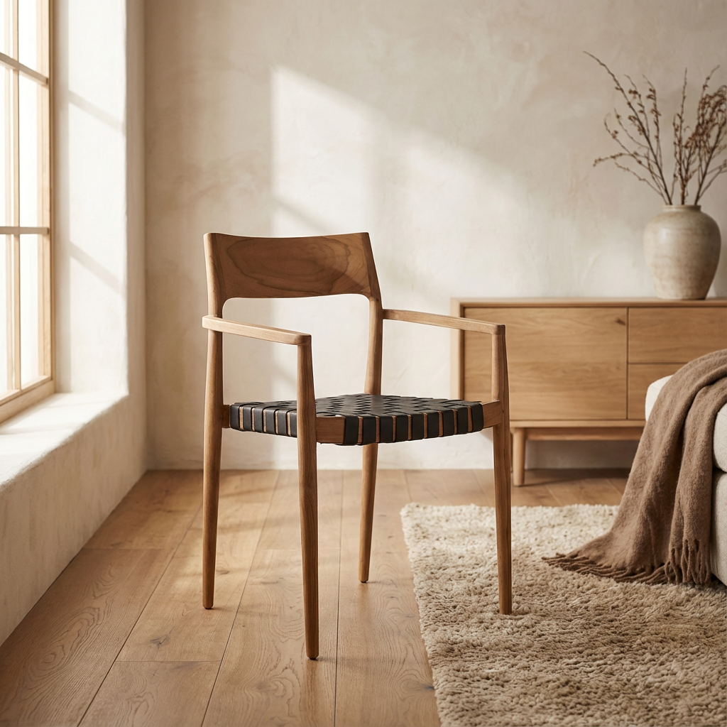 Armlehnenstuhl Maren Black Leather aus Teakholz in moderner Esszimmerumgebung