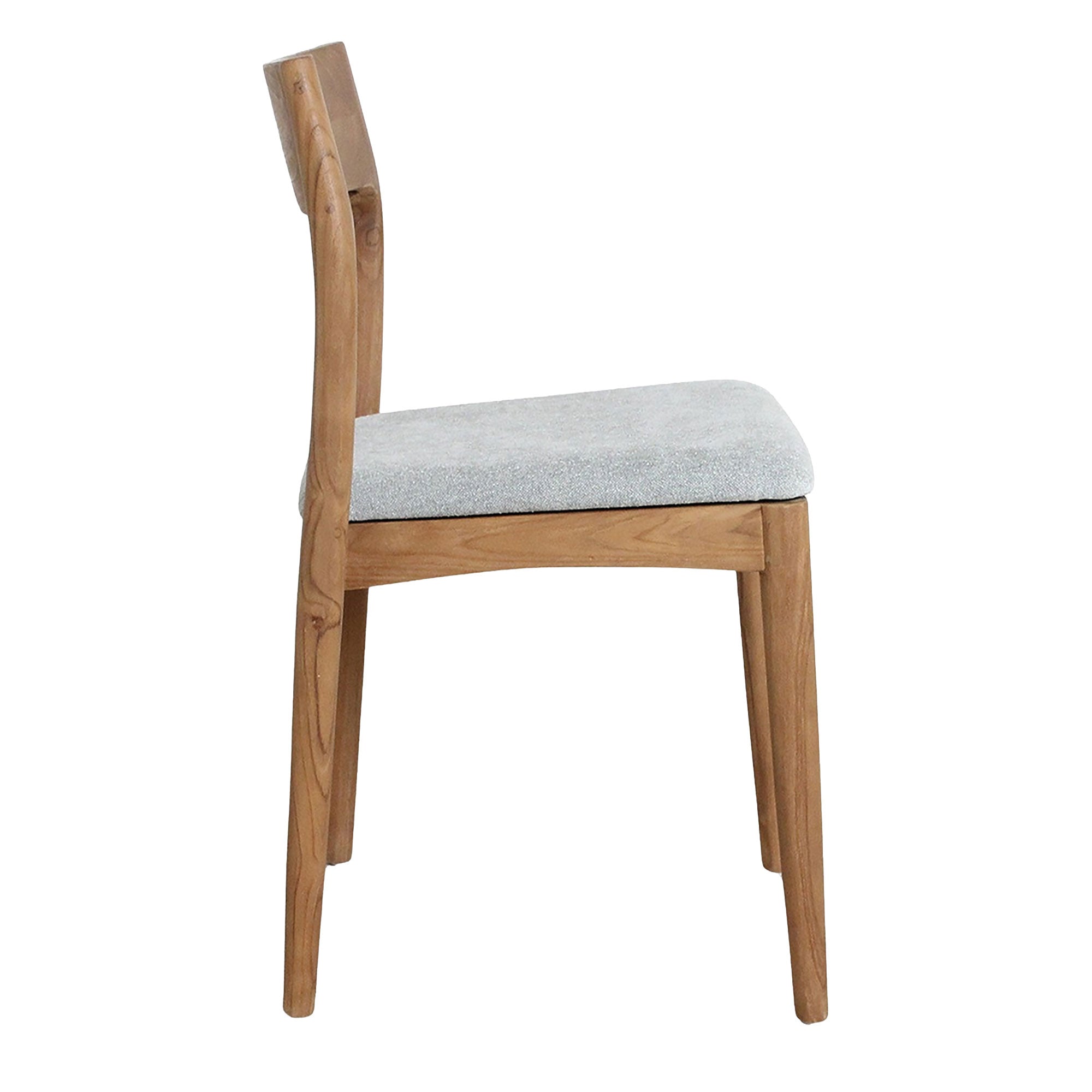 Seitenansicht des Esszimmerstuhls Maren Polster Light Green aus Teakholz mit Stoffpolster