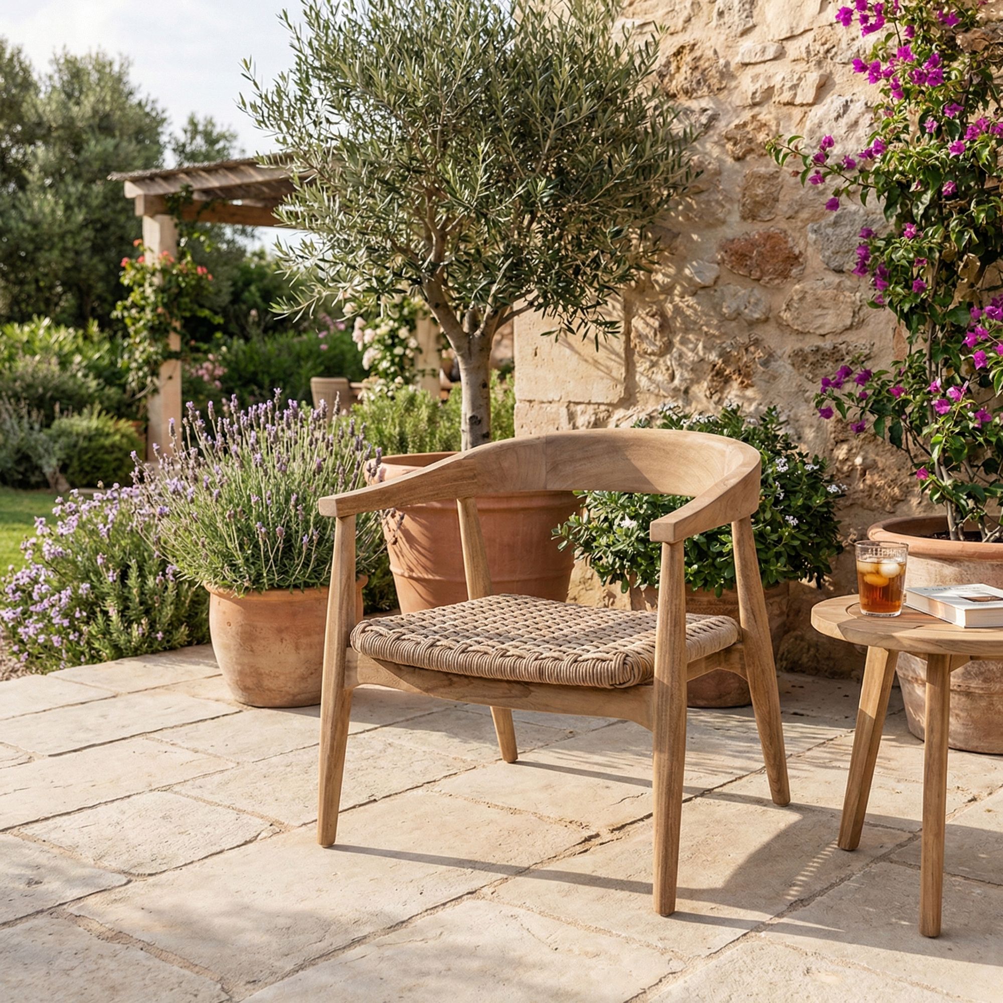 Sessel Faye Teak mit geflochtenem Sitz aus PE-Wicker in Natural Grey | handgefertigt, wetterfest und Teil der Gommaire Organic Living Kollektion