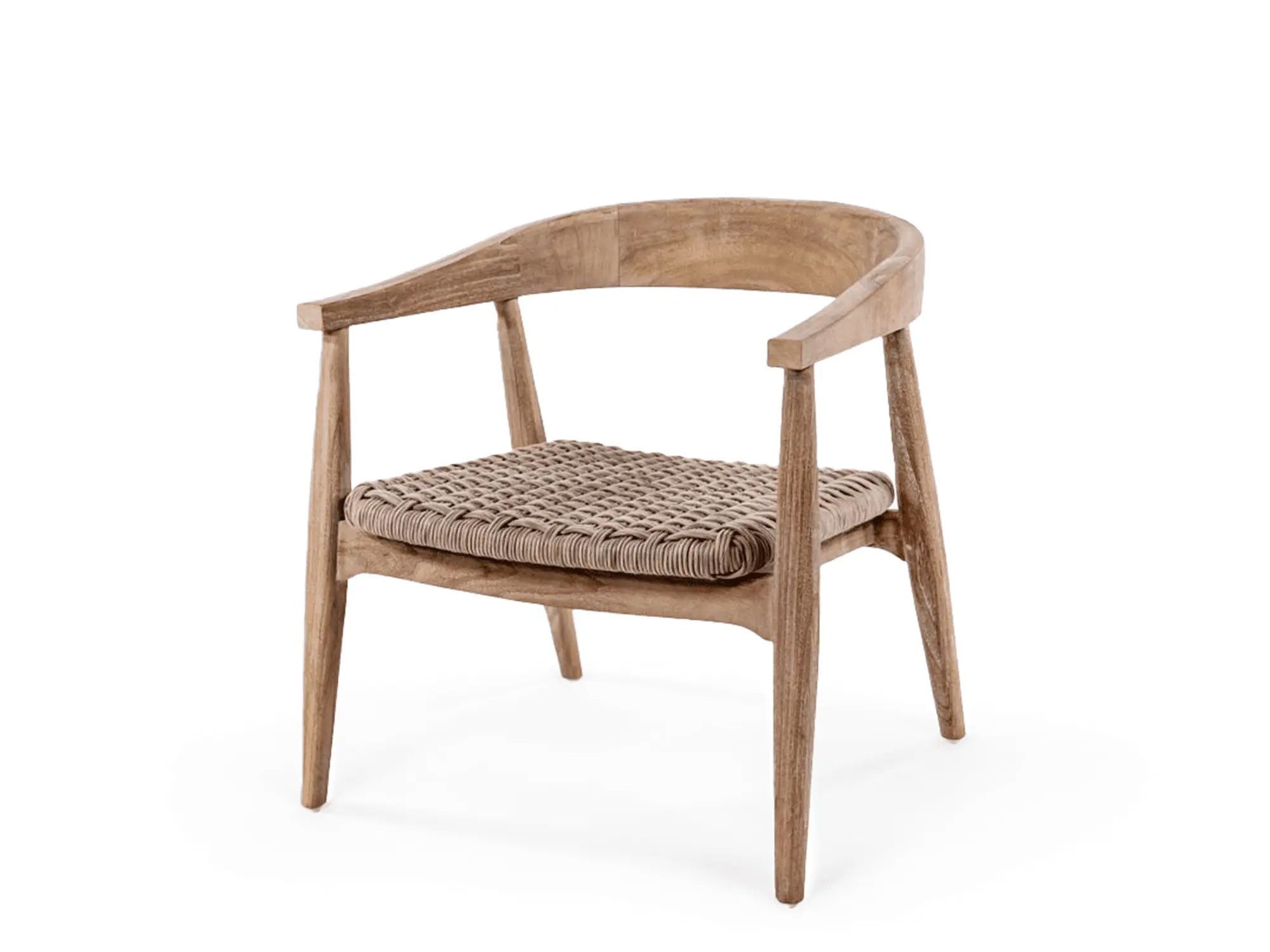 Sessel Faye Teak mit geflochtenem Sitz aus PE-Wicker in Natural Grey | handgefertigt, wetterfest und Teil der Gommaire Organic Living Kollektion