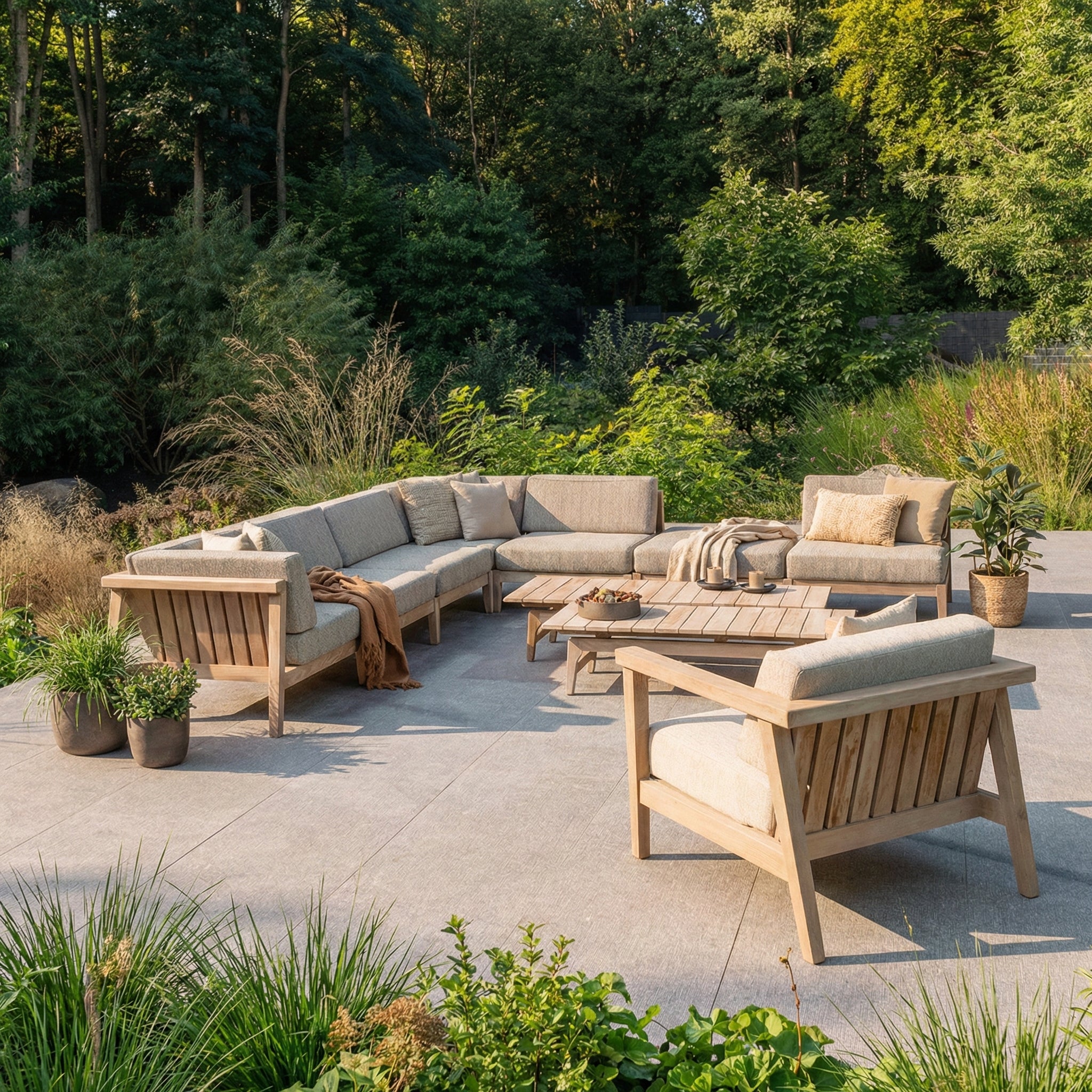 Modulares Copenhagen Outdoor-Loungesystem aus massivem Teakholz mit verschiedenen Sofaelementen und Polstern in Natural Grey auf großer Terrasse | STUFF Shop